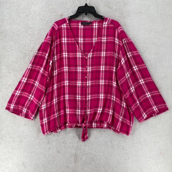 Lane Bryant Shirt Womens 20L Plus Size Pink Berry Barbiecore Flannel Crop‎ Tie - Picture 1 of 14